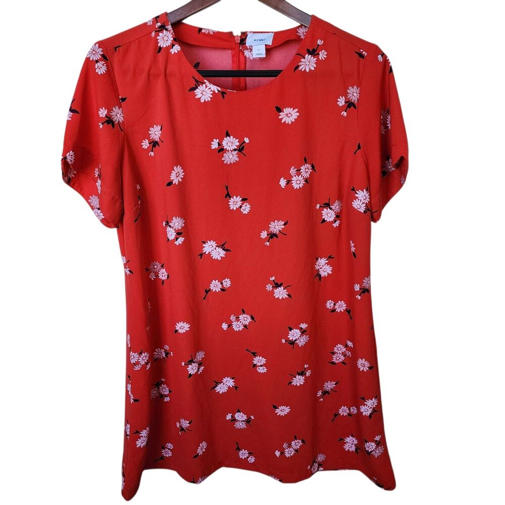 Old Navy XL Red Floral A-Line Shift Dress Short Sleeve Partial Zip Back